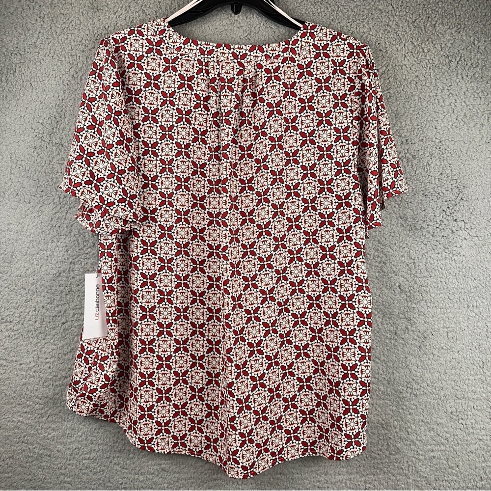 Liz Claiborne Top Womens Large Pink Geometric Pattern V-Neck Pleated Blouse NWT - Picture 3 of 7